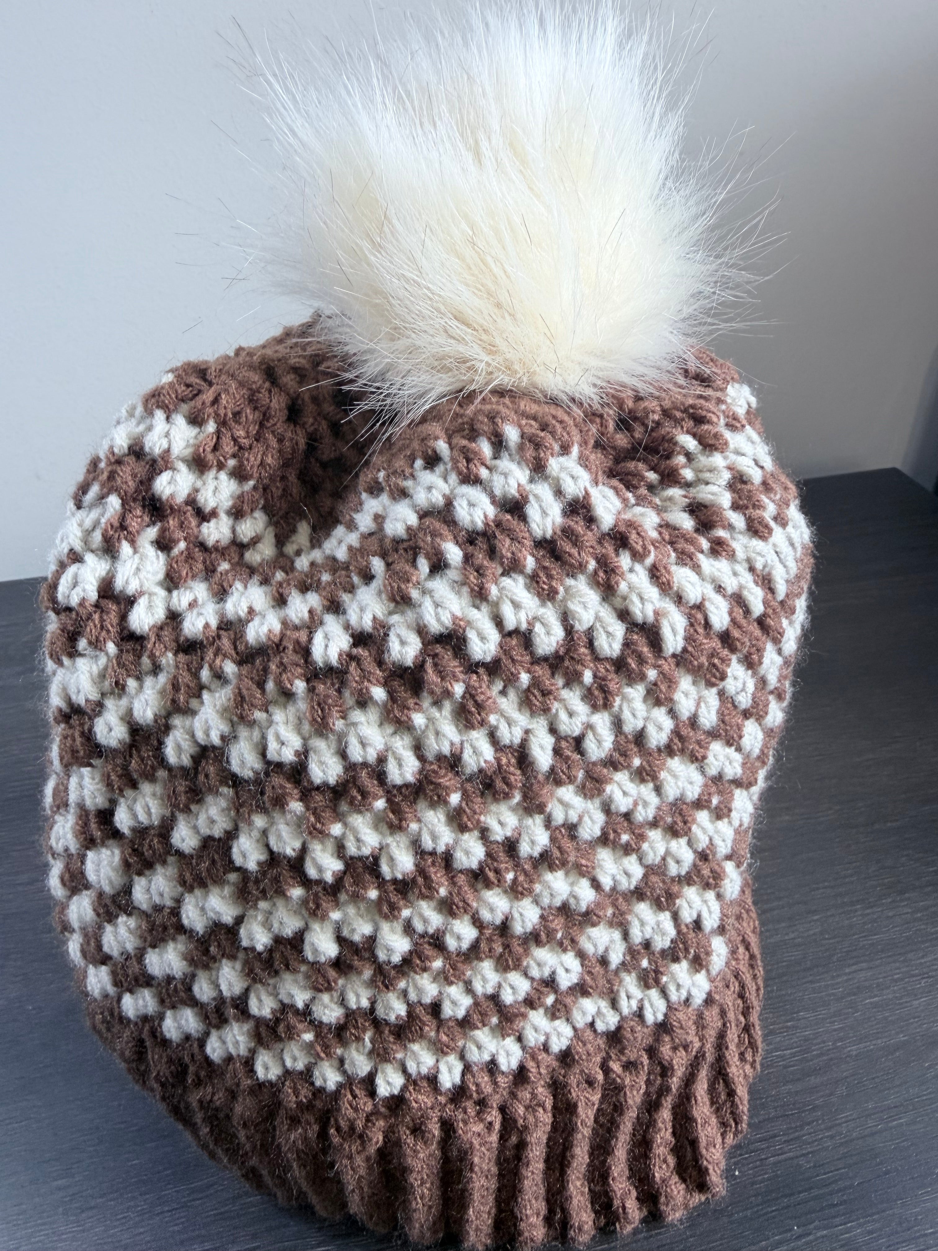 #119 Zig Zag Stripe Beanie with Faux Fur Bobble