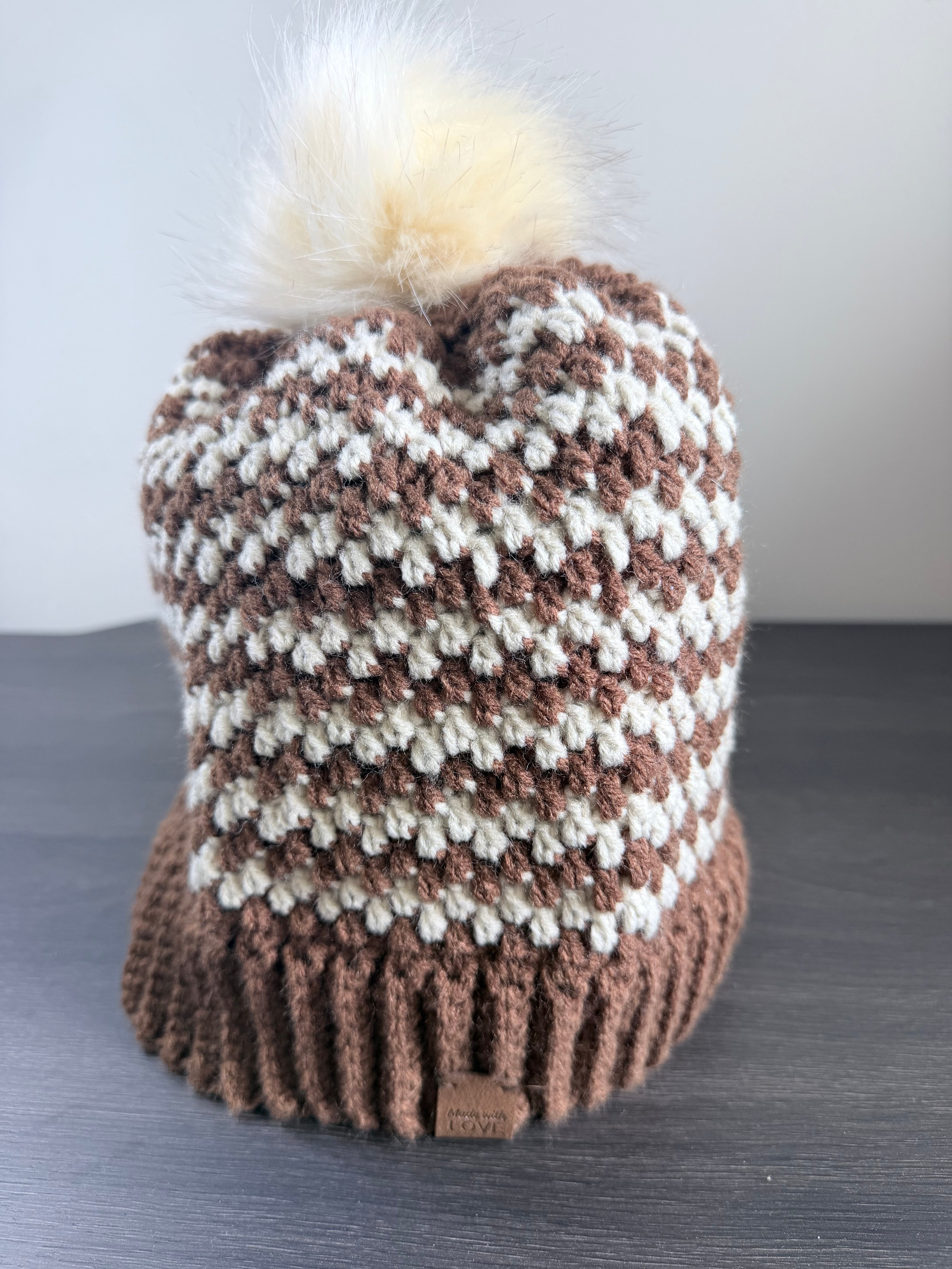 #119 Zig Zag Stripe Beanie with Faux Fur Bobble
