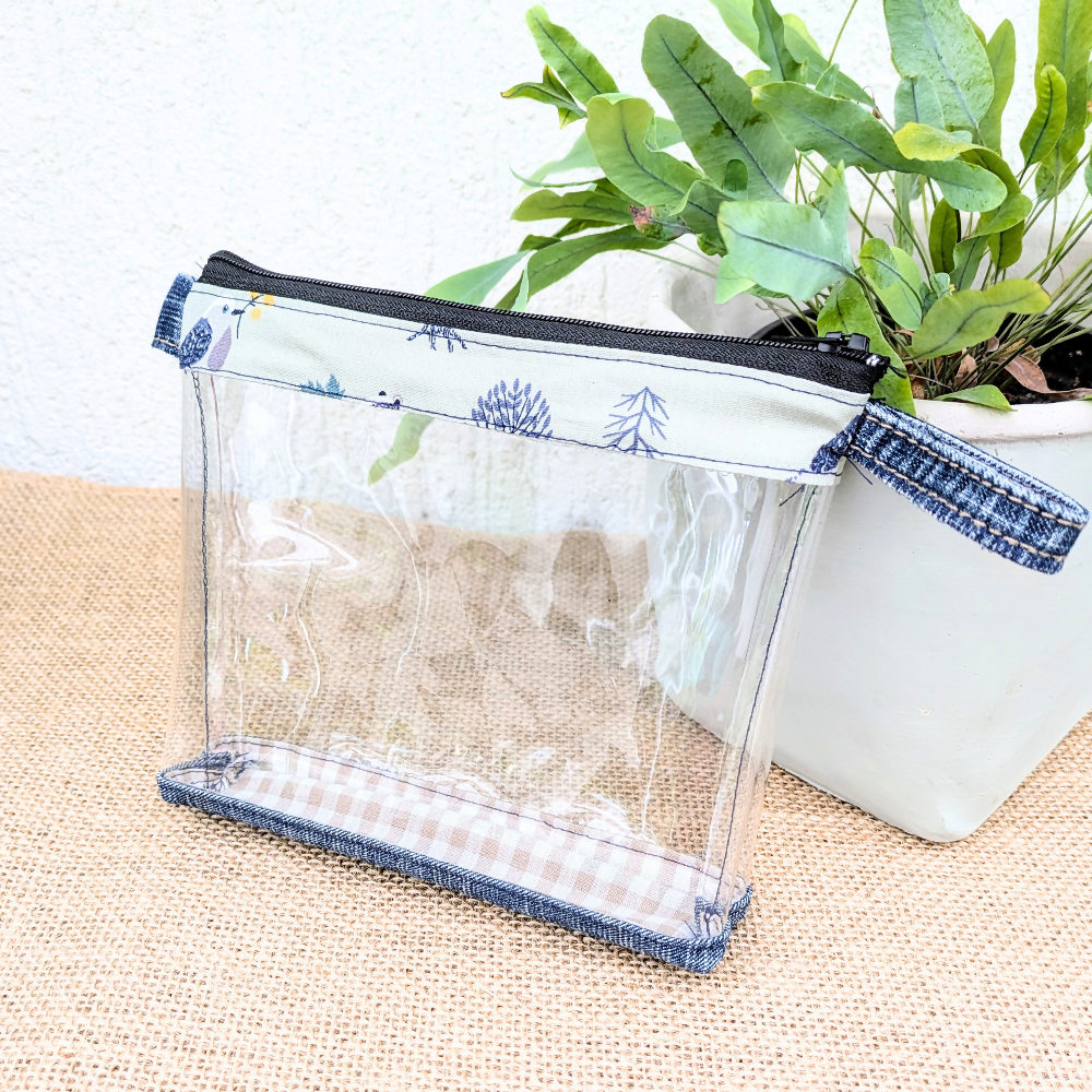 Pouch, Clear Organiser Upcycled Denim Woodland and Gingham