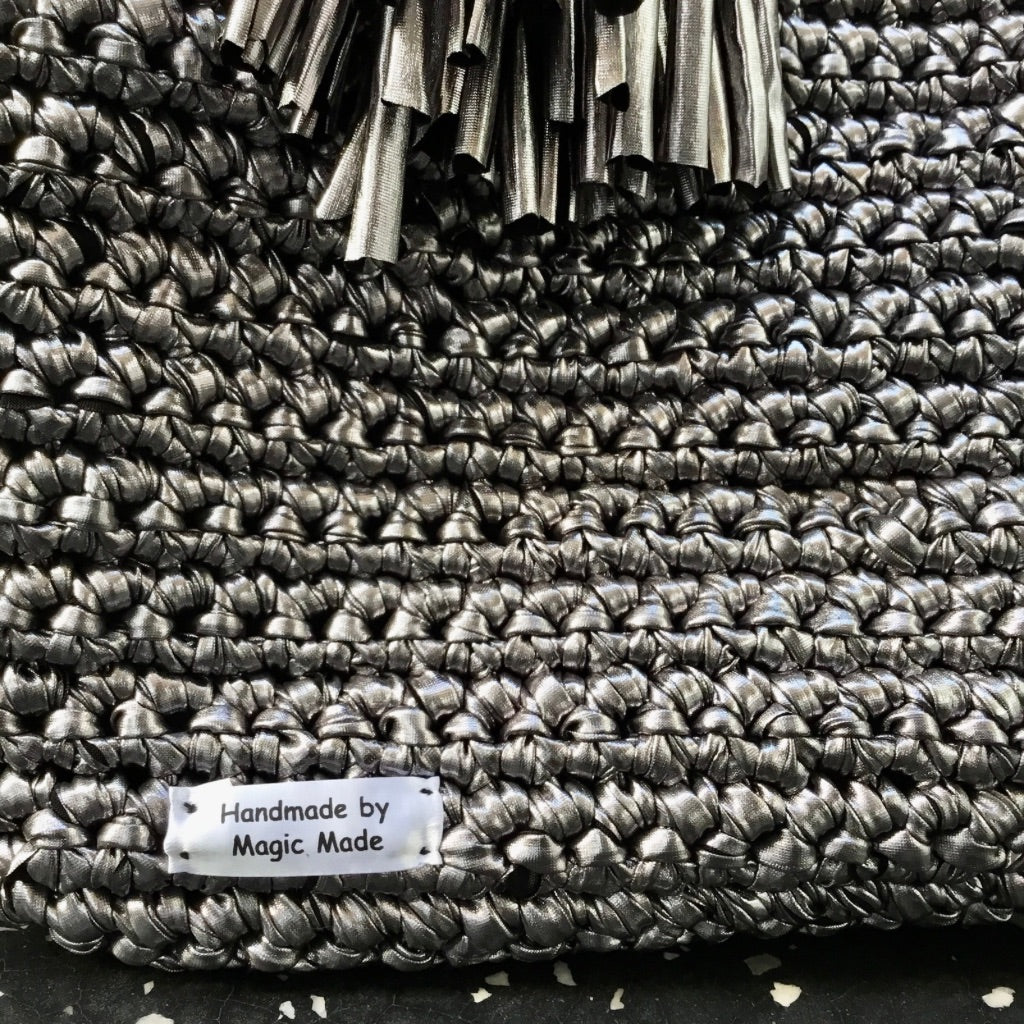 Crocheted Faux-Leather Basket Bag
