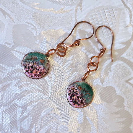 Artisan Made Enamelled Metal Disc Earrings Green and Pink Speckle