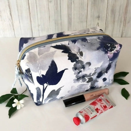 Watercolour Blues floral canvas makeup bag - Cosmetics, toiletries - Handmade gift