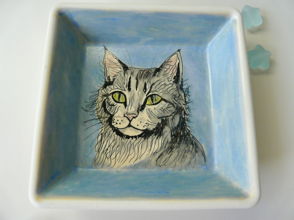 Square Trinket Dish with Beautiful Cat Head