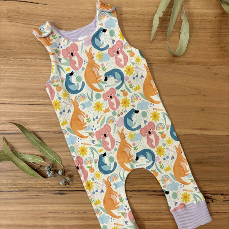 Baby Stretch Romper Suit - Purple Kangaroos Koalas