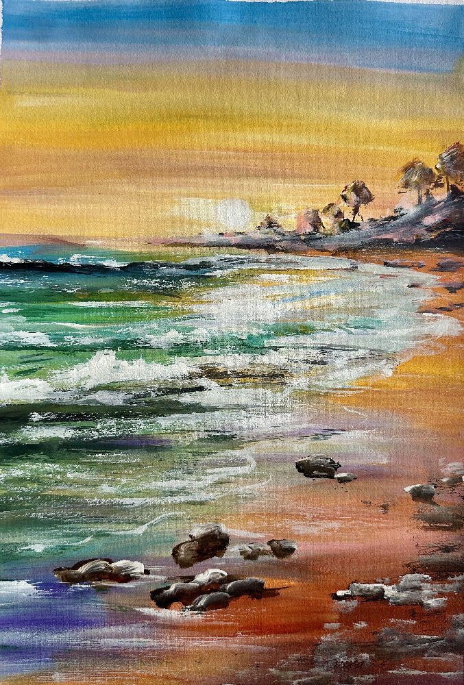 Sunset serenity , acrylic painting on paper, signed framed, 40x50 cm