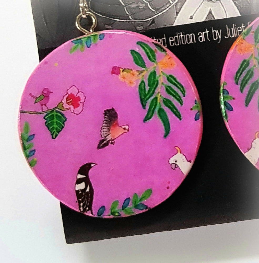 Australian bird forest silver earrings in hot pink