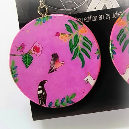 Australian bird forest silver earrings in hot pink