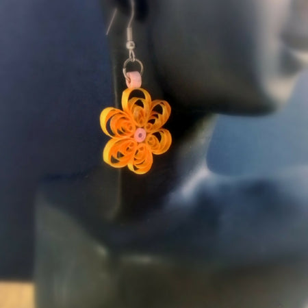 Hand made tangerine flower dangle earrings, made with paper