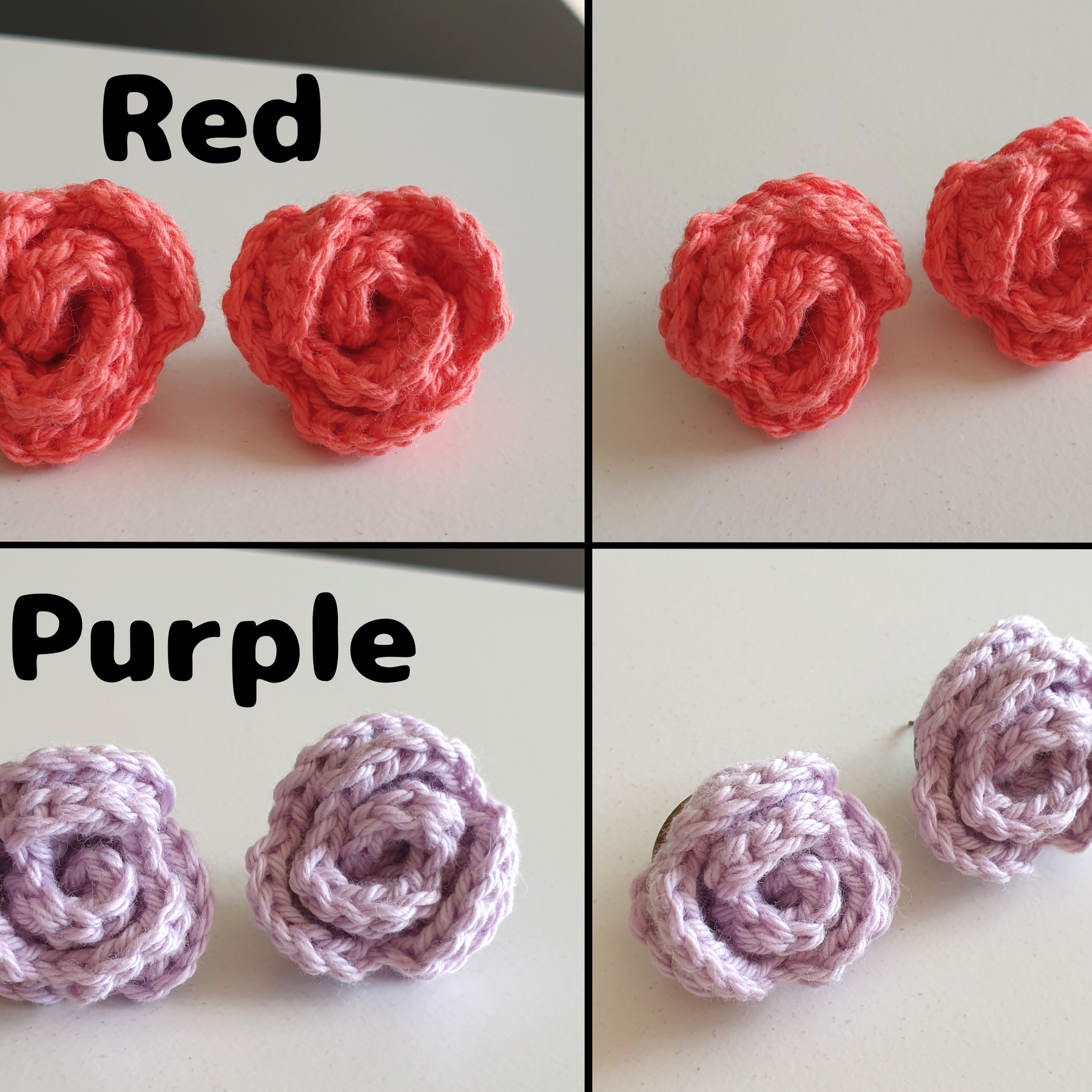 Small Hand Knitted Small Crochet Rose Flower Stud earrings : Red Pink Purple Brown Yellow Green