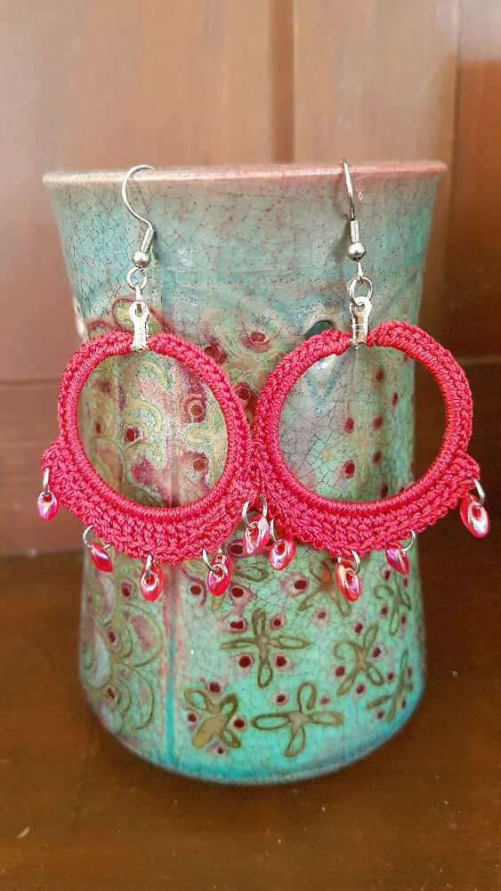 Beaded Hoop Earrings in Red