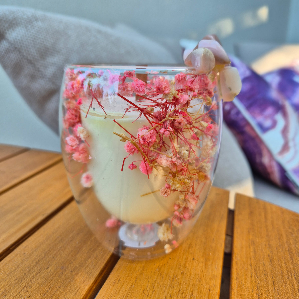 Pink baby's breath glass jar candle with pink opal