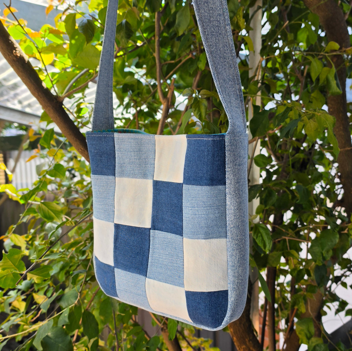 Upcycled Denim Jeans & Pre-loved Fabrics Checkered Handbag