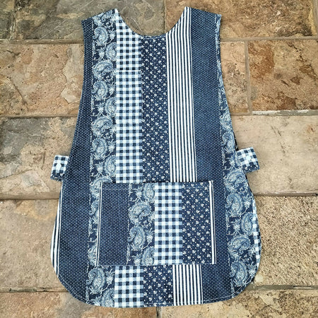 Ladies apron with snap fastening at the sides , denim cotton stripe pattern