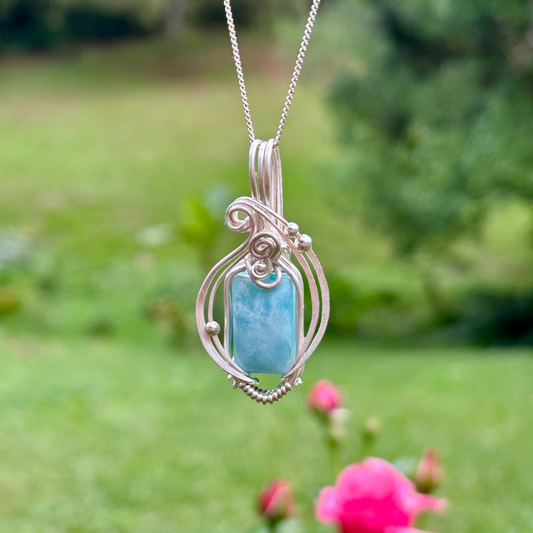 Simple silver Larimar crystal pendant