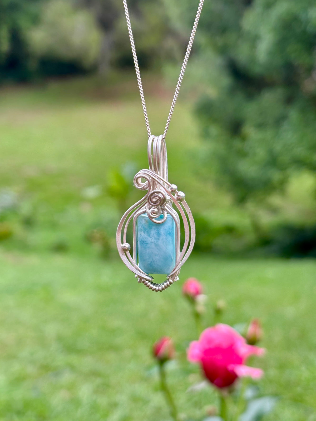 Simple silver Larimar crystal pendant