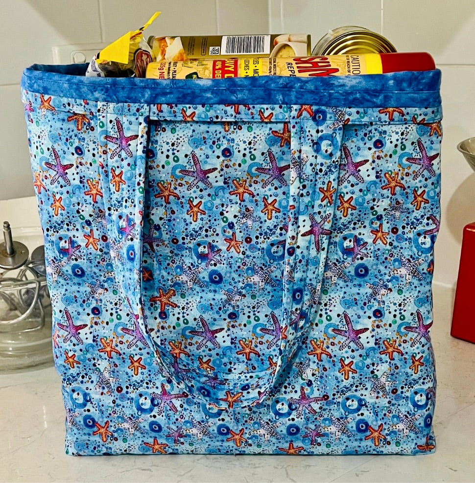 Grocery Tote .. Starfish .. Lined with storage pouch