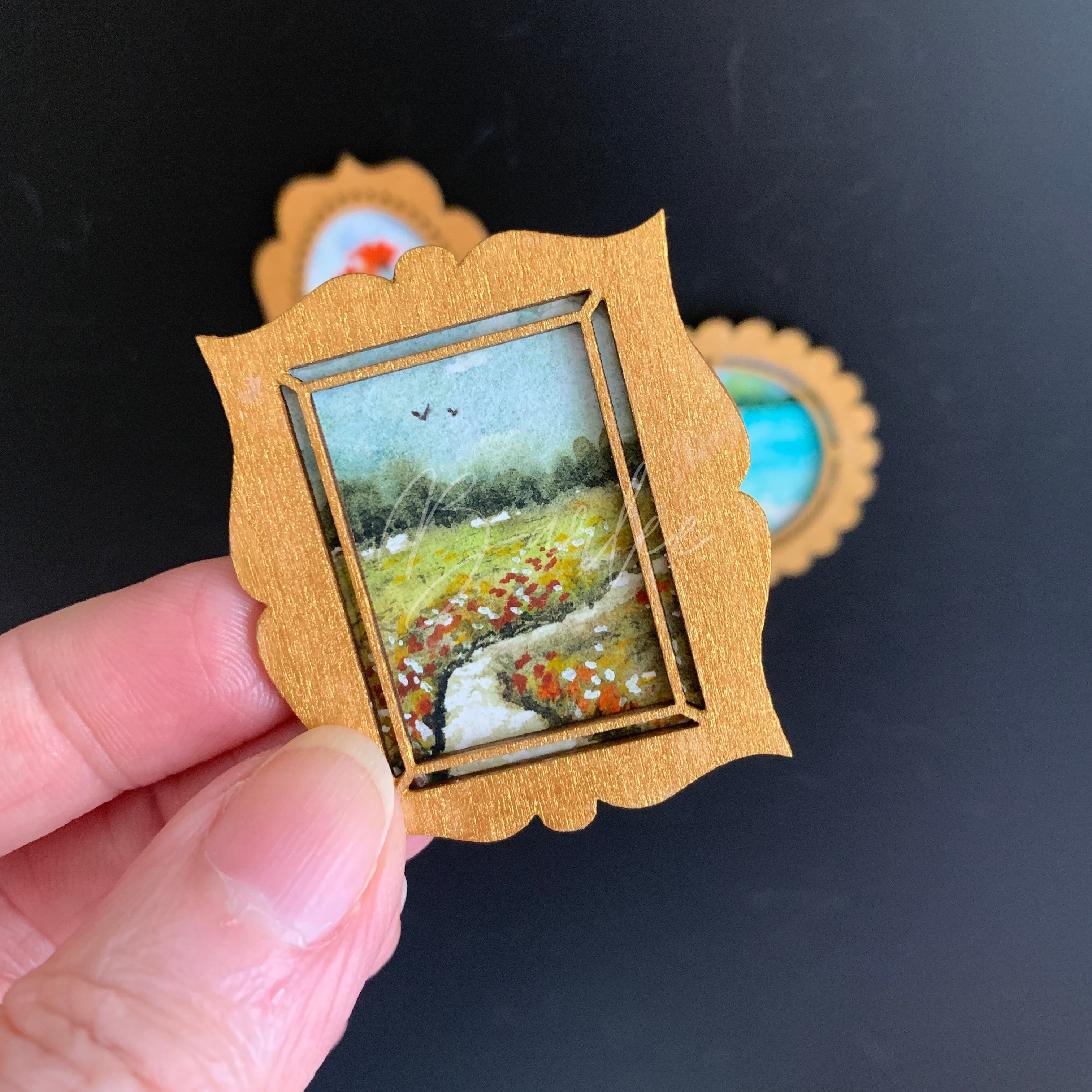 Hand Painted Fridge Magnet Set - 3 Framed Mini Paintings