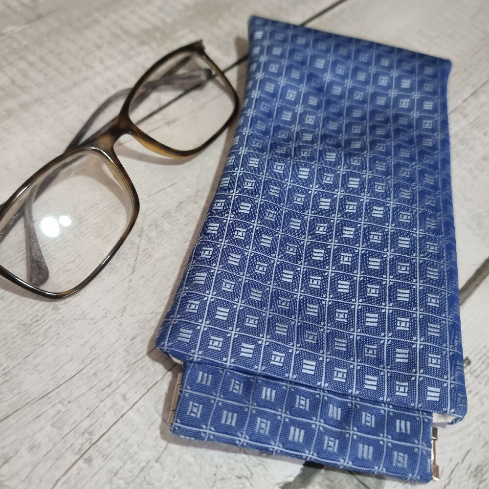 Flex frame glasses pouch, upcycled tie - patterned blue squares