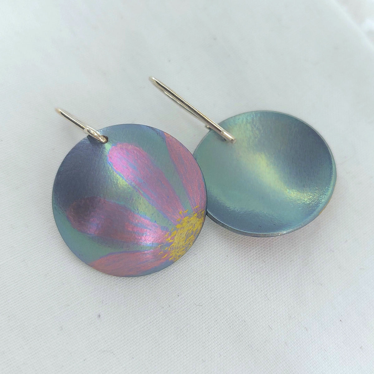 Titanium Domed Dangles- Flower Design  Soft Teal and Pink