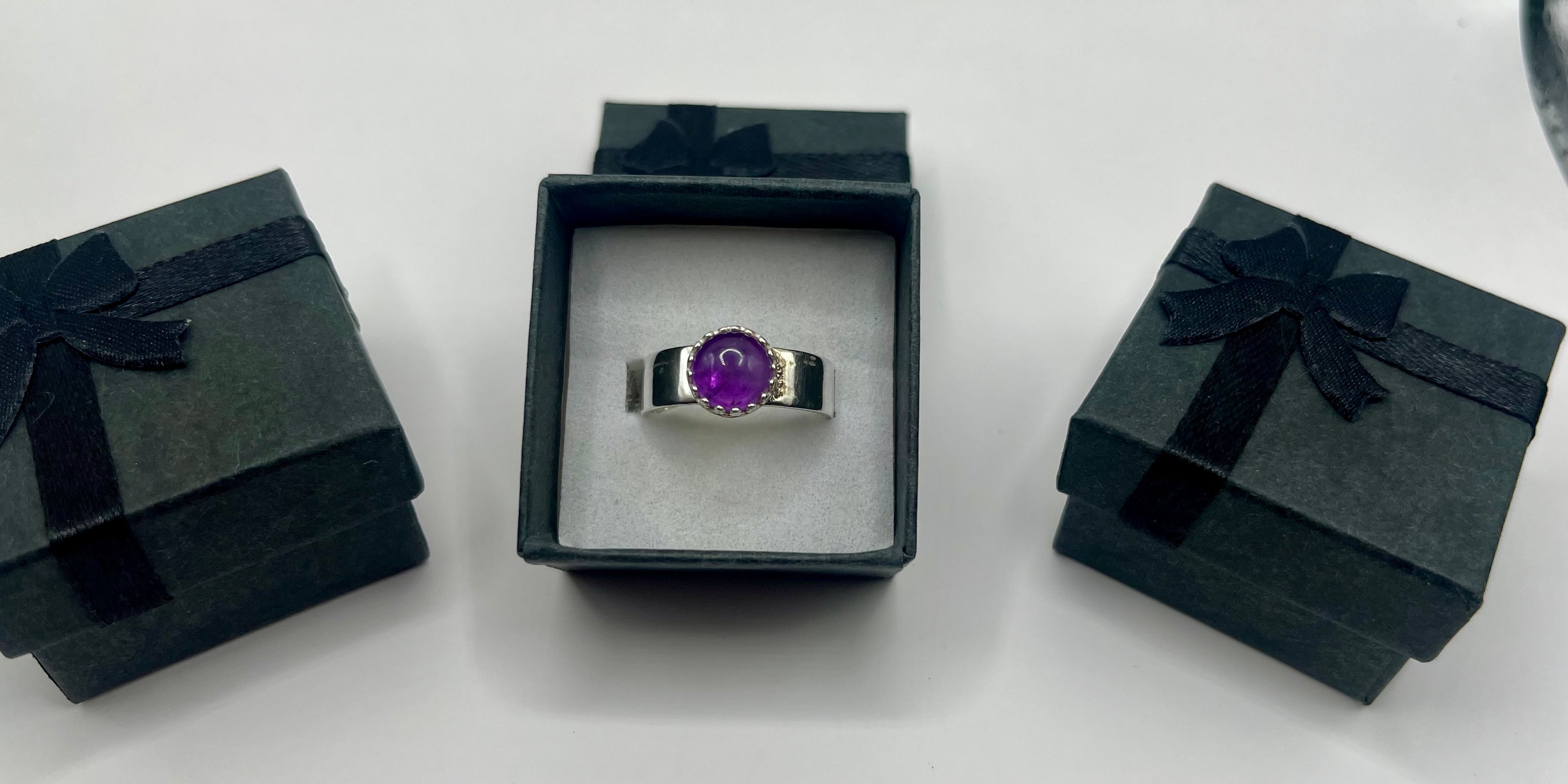 Silver Wide Band Ring with Amethyst Size 8