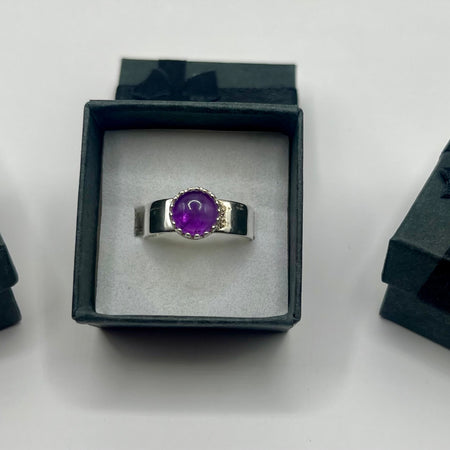 Silver Wide Band Ring with Amethyst Size 8