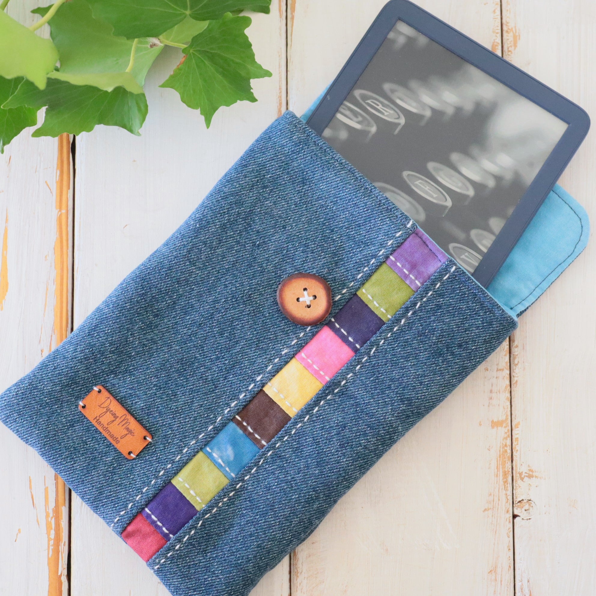 Kindle Sleeve, E-reader sleeve, Upcycled Denim, Hand dyed Patchwork