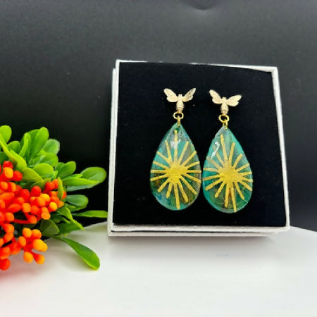 Golden Sunburst Drop Bee Earrings