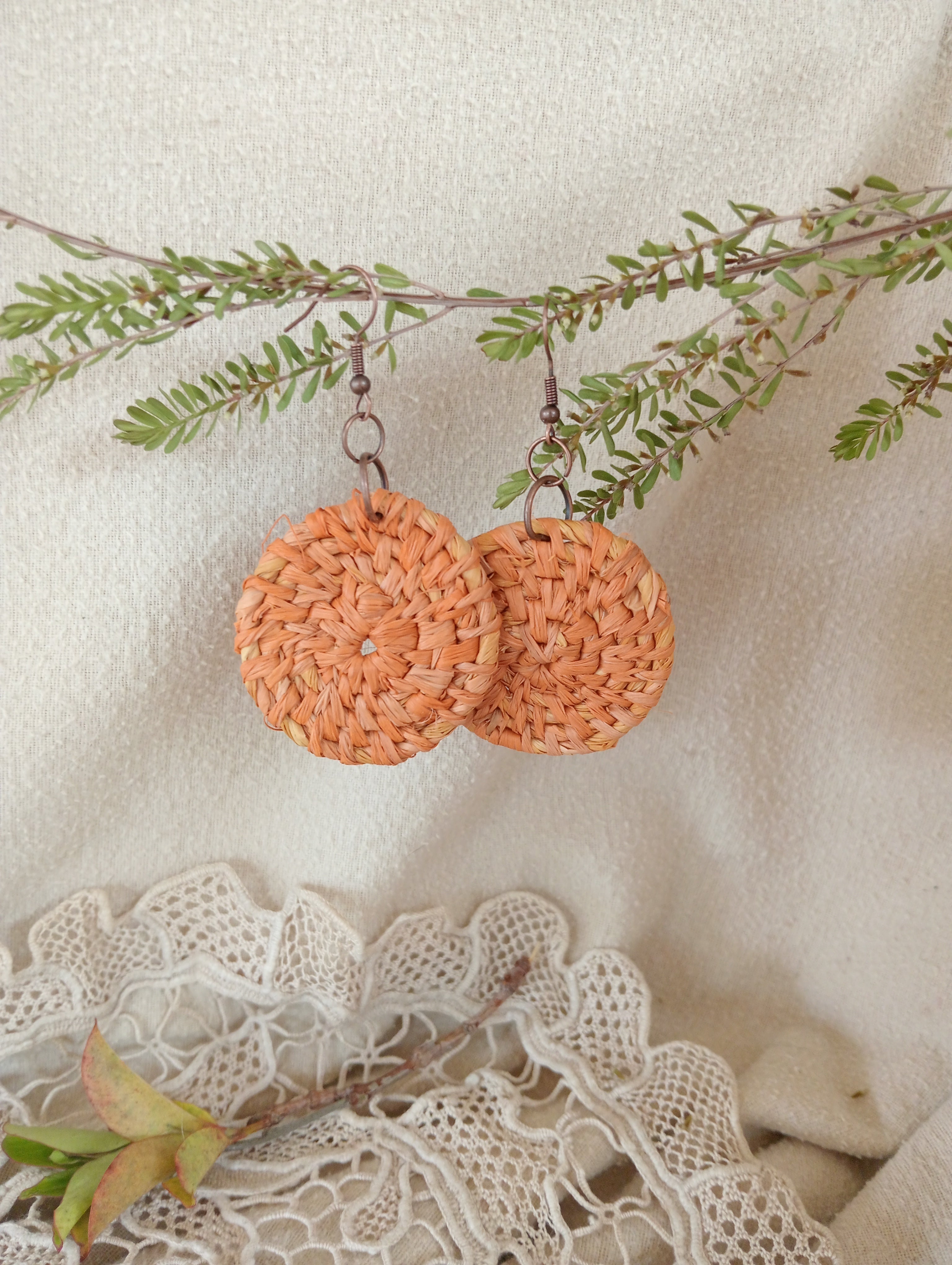 Woven Raffia Spiral Earrings, Various colours