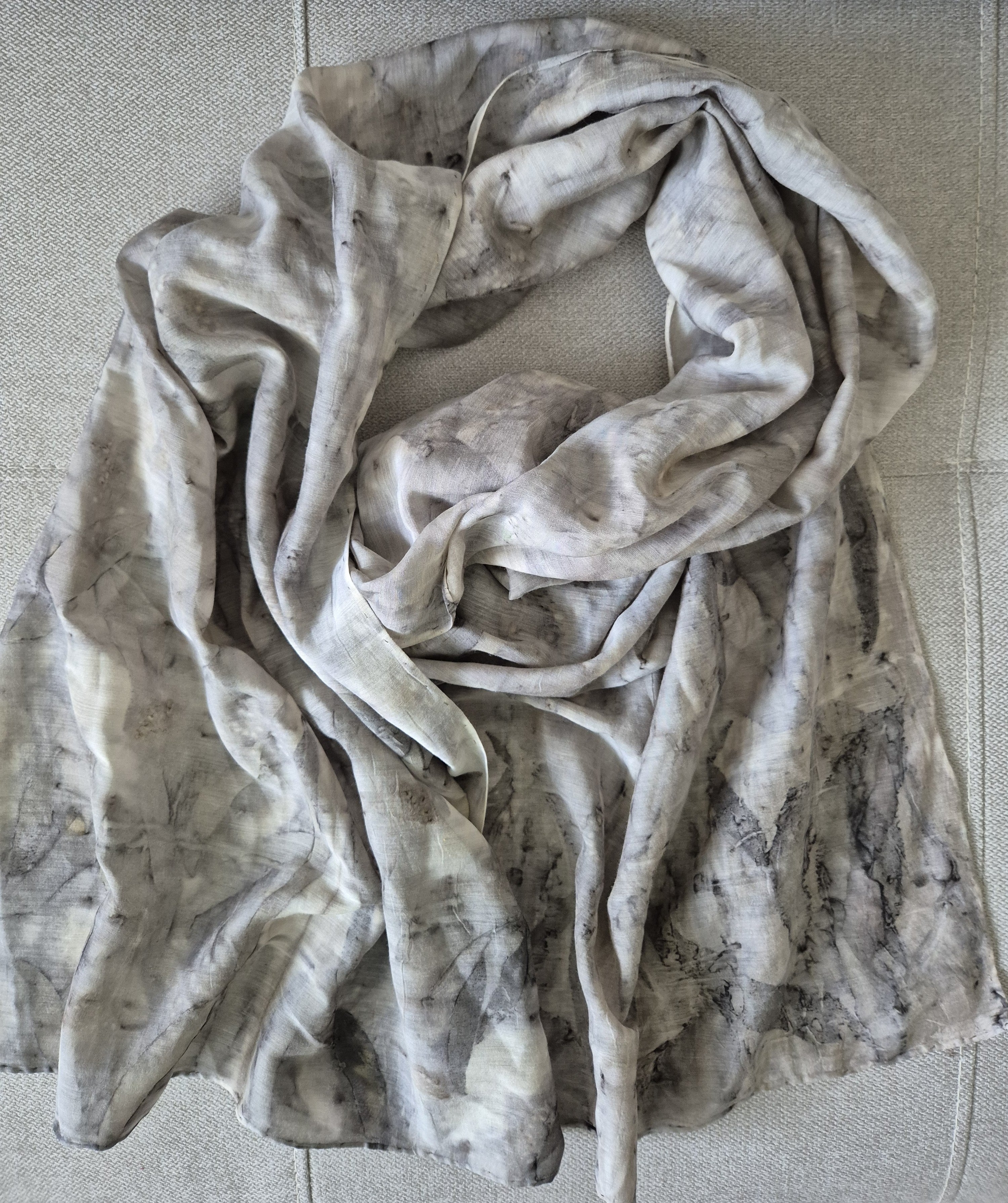 Ecoprinted scarf soft silk cotton neutral black grey