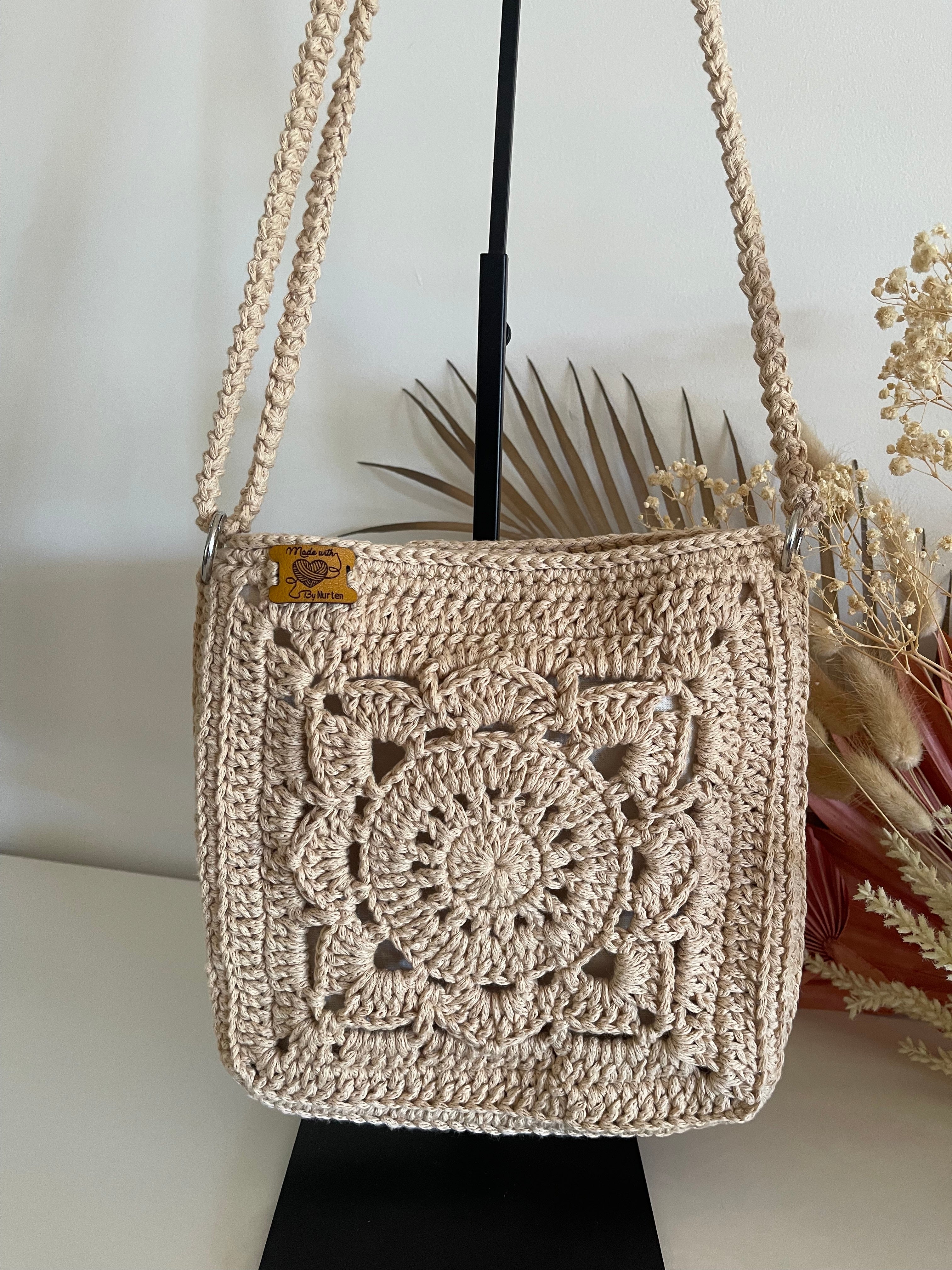 Handmade Crochet Crossbody Bag - Beige Boho Shoulder Bag, Fully Lined