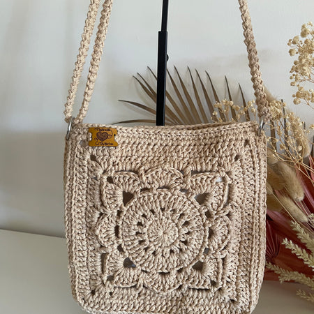 Handmade Crochet Crossbody Bag - Beige Boho Shoulder Bag, Fully Lined