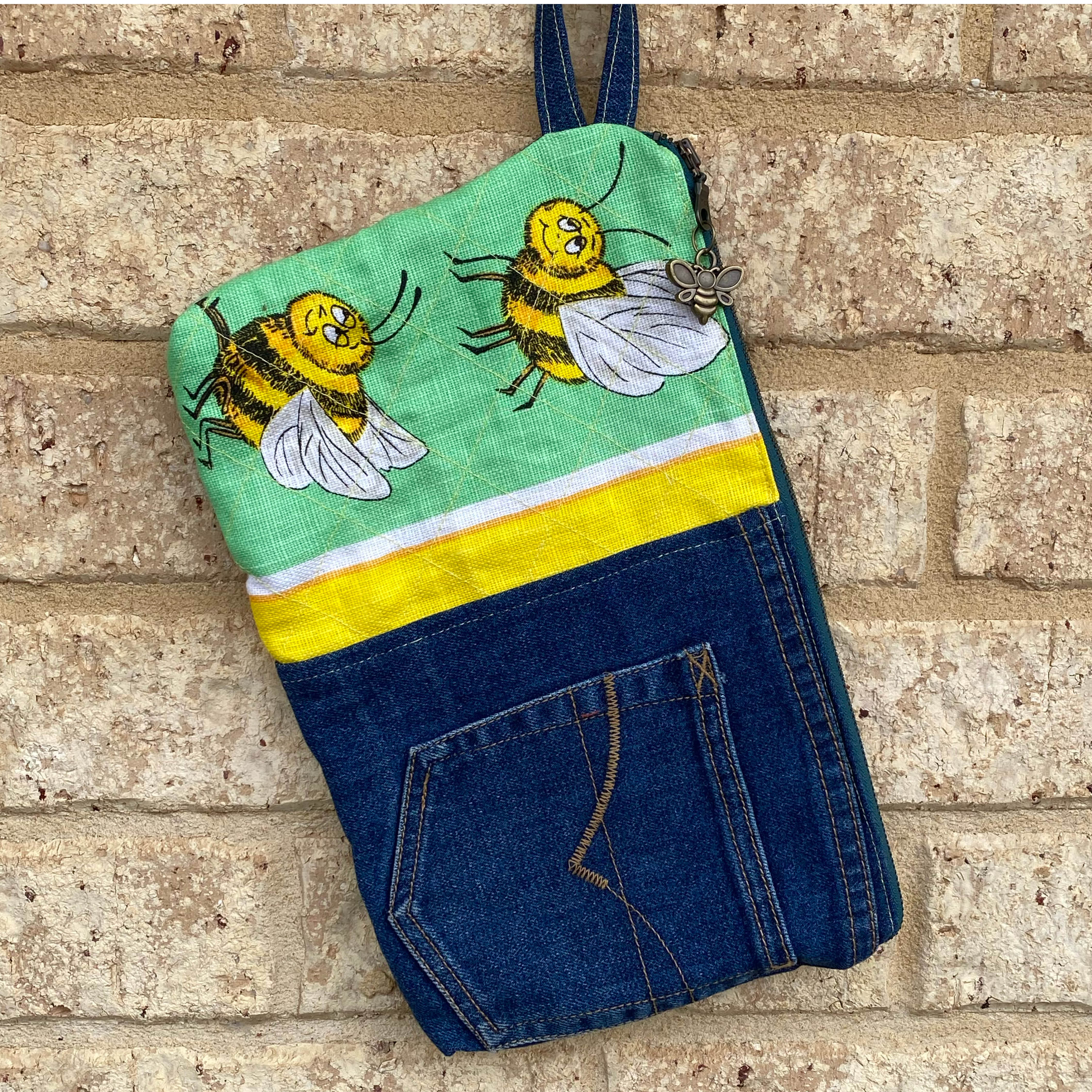 Sweet Sting Pouch Cosmetic Everyday Bag Upcycled Vintage Fabrics & Denim