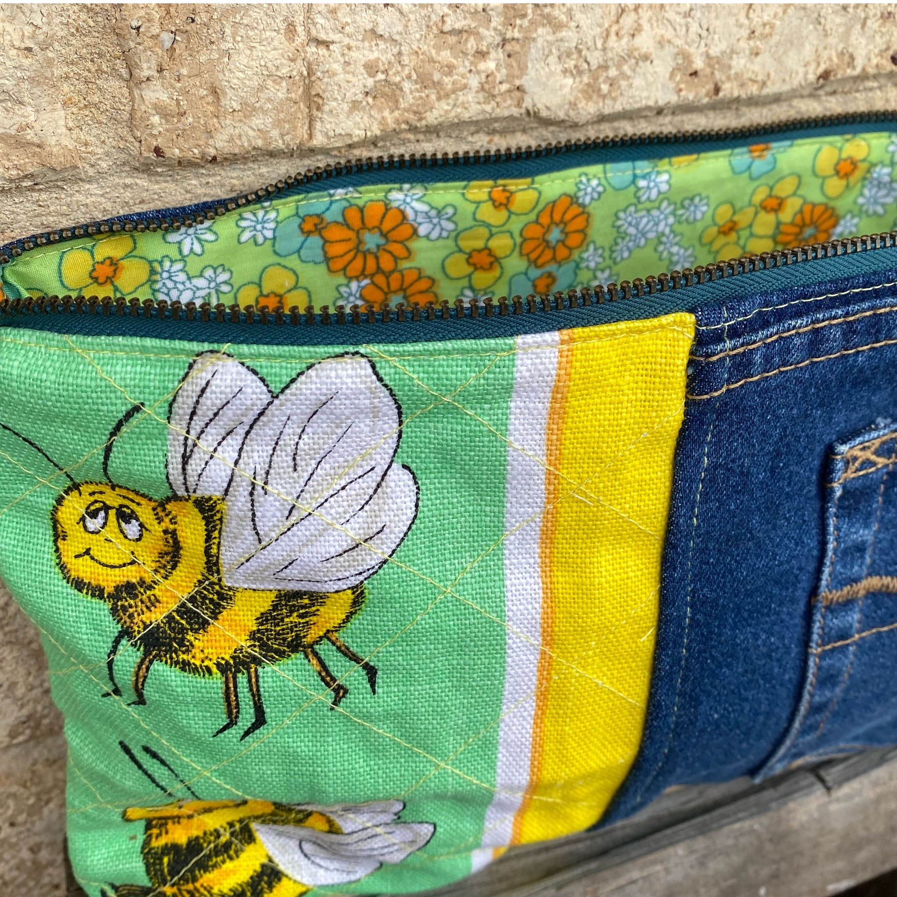 Sweet Sting Pouch Cosmetic Everyday Bag Upcycled Vintage Fabrics & Denim