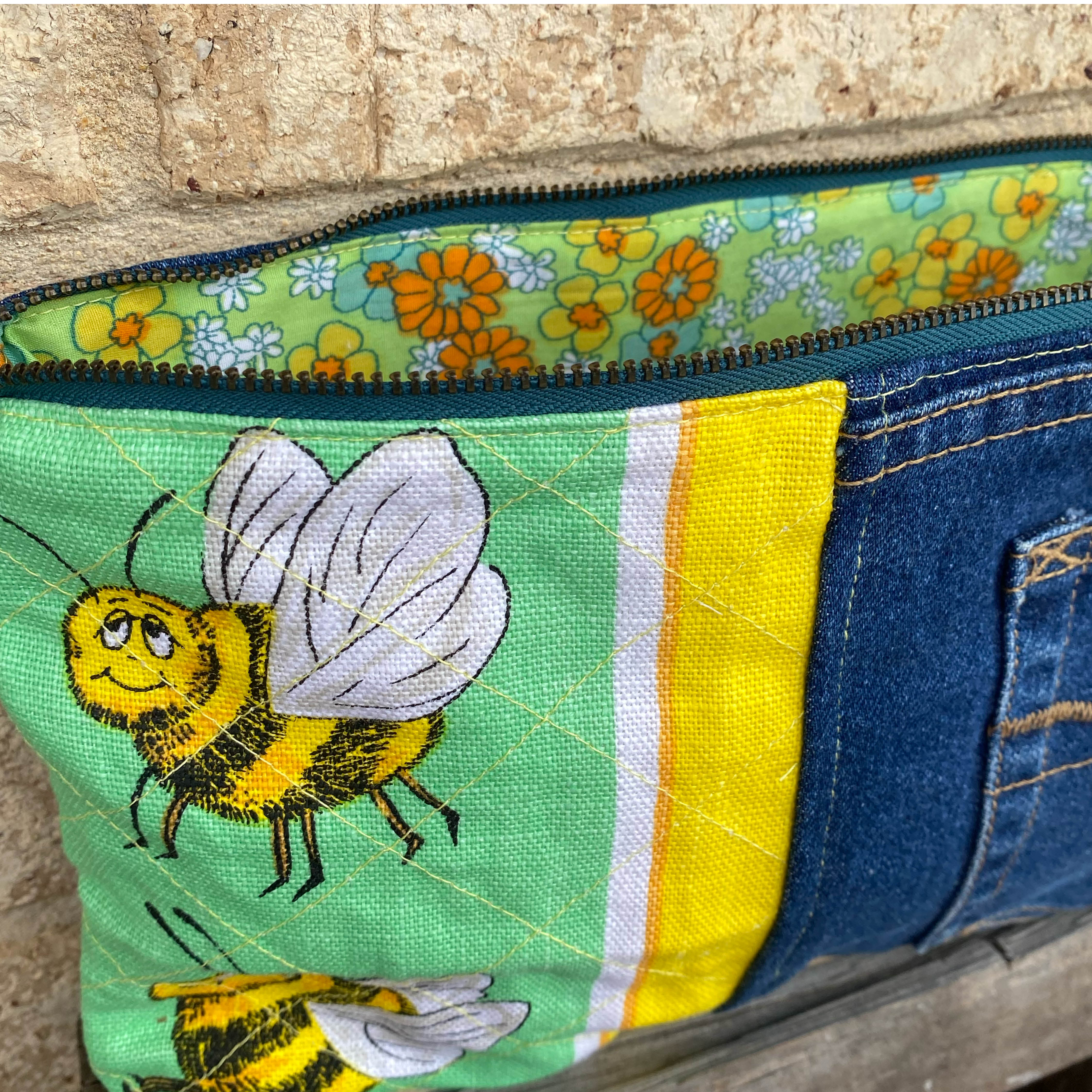 Sweet Sting Pouch Cosmetic Everyday Bag Upcycled Vintage Fabrics & Denim