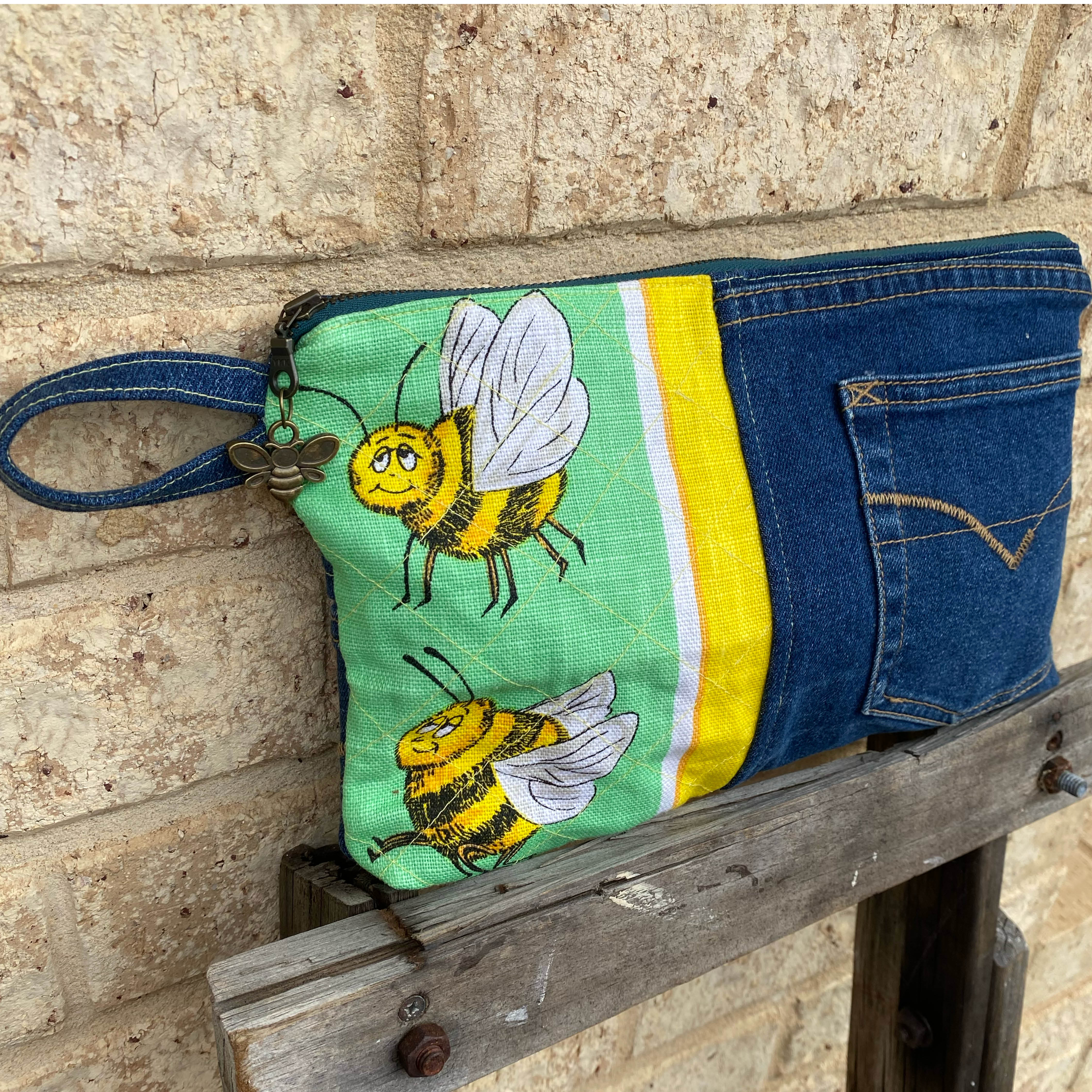 Sweet Sting Pouch Cosmetic Everyday Bag Upcycled Vintage Fabrics & Denim