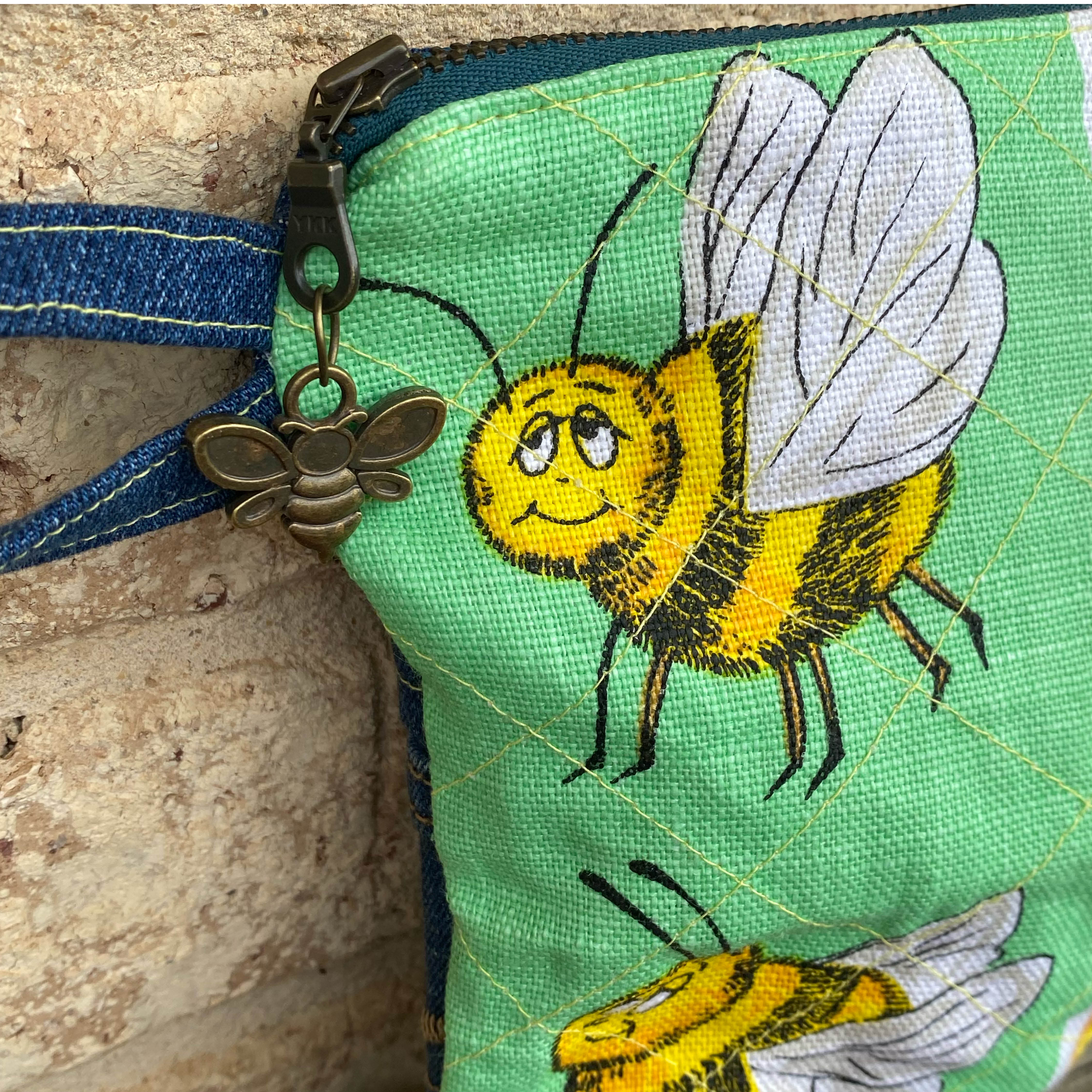 Sweet Sting Pouch Cosmetic Everyday Bag Upcycled Vintage Fabrics & Denim