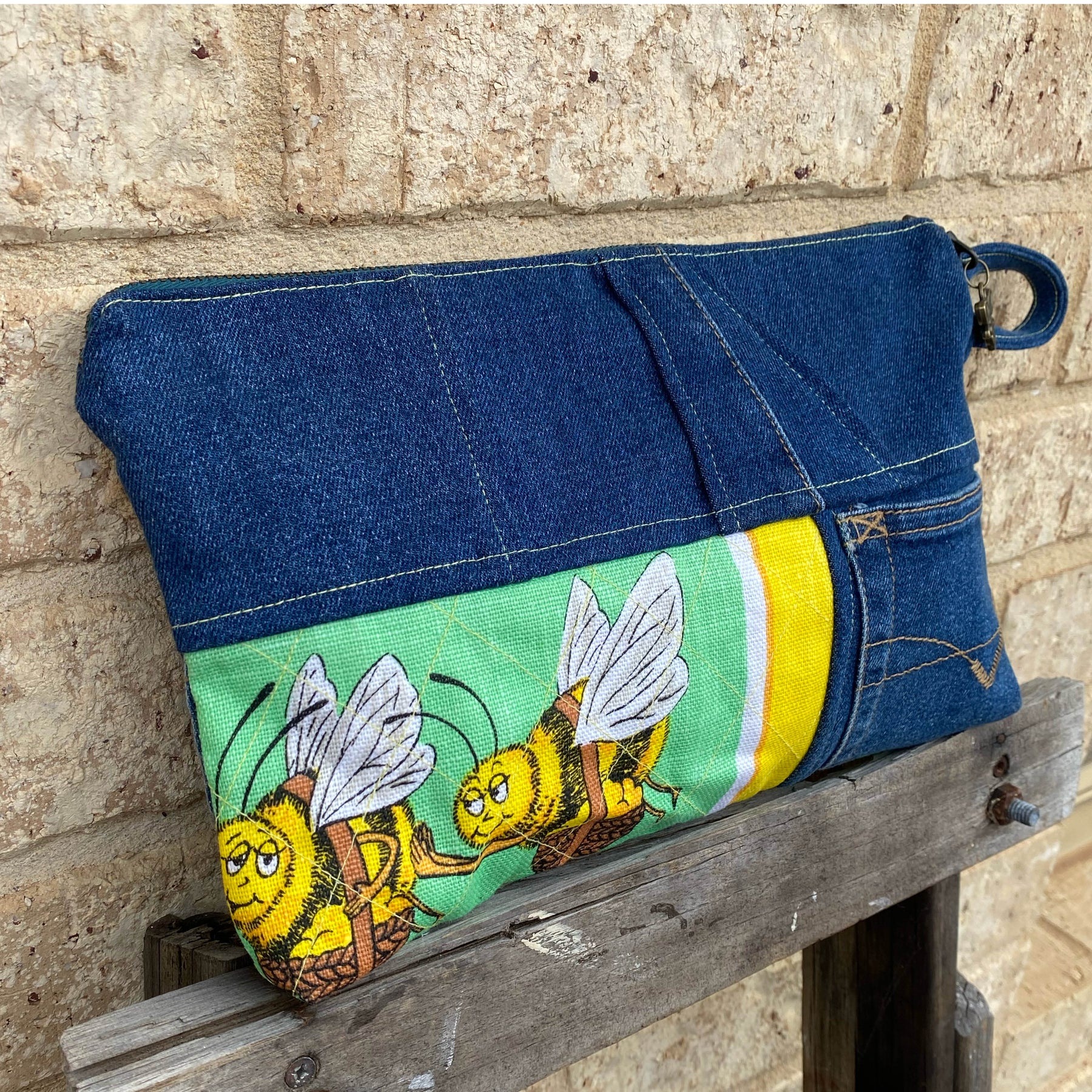 Sweet Sting Pouch Cosmetic Everyday Bag Upcycled Vintage Fabrics & Denim