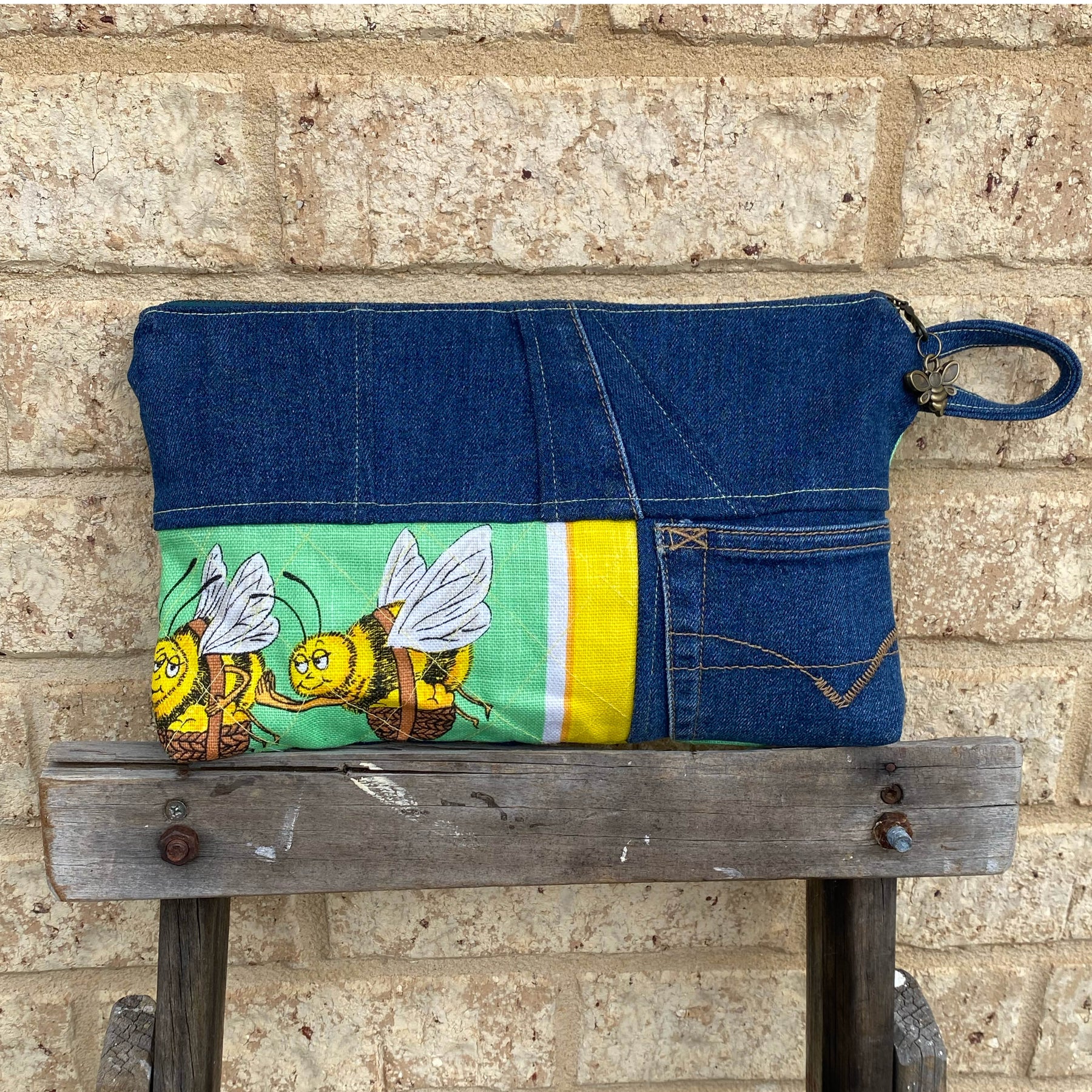 Sweet Sting Pouch Cosmetic Everyday Bag Upcycled Vintage Fabrics & Denim