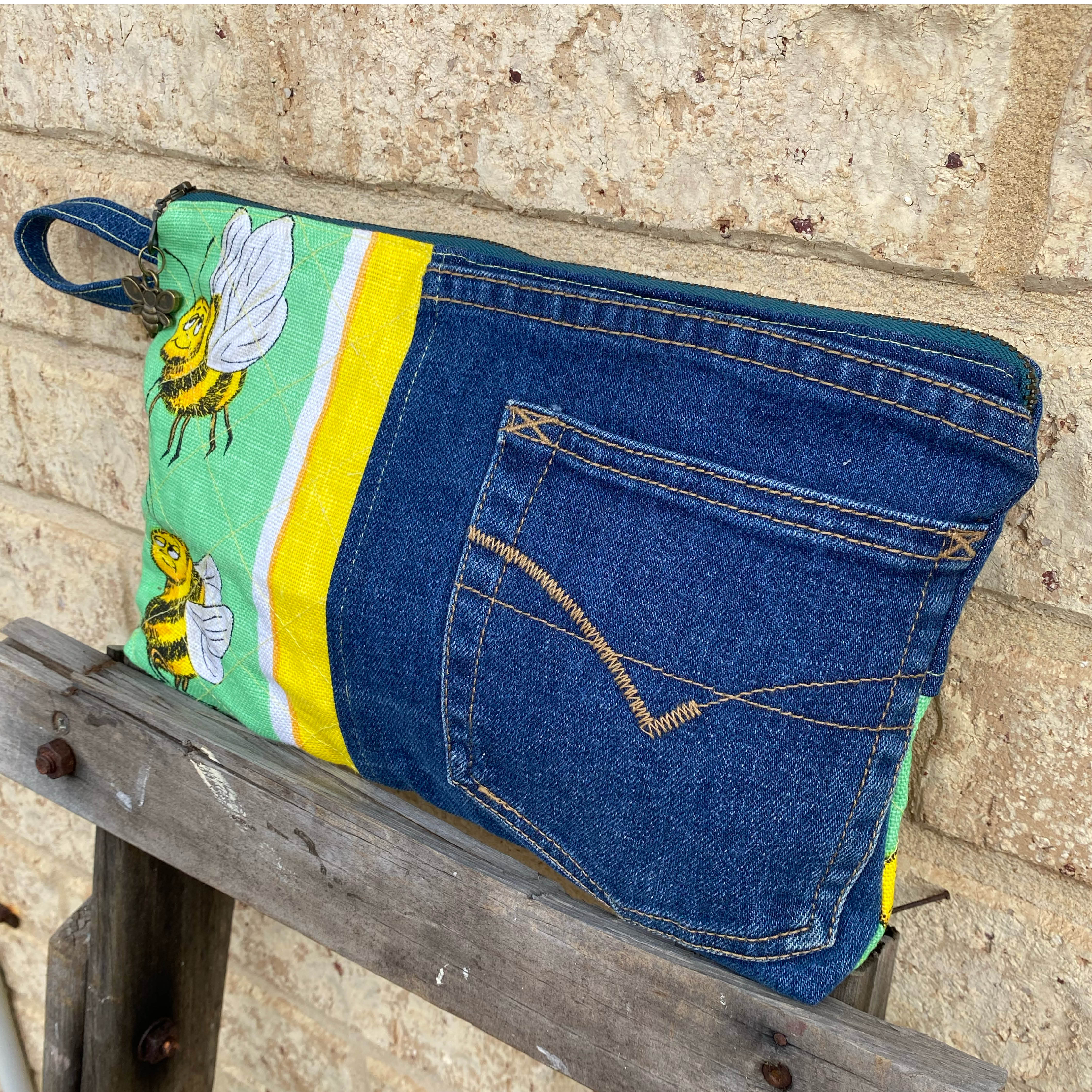 Sweet Sting Pouch Cosmetic Everyday Bag Upcycled Vintage Fabrics & Denim