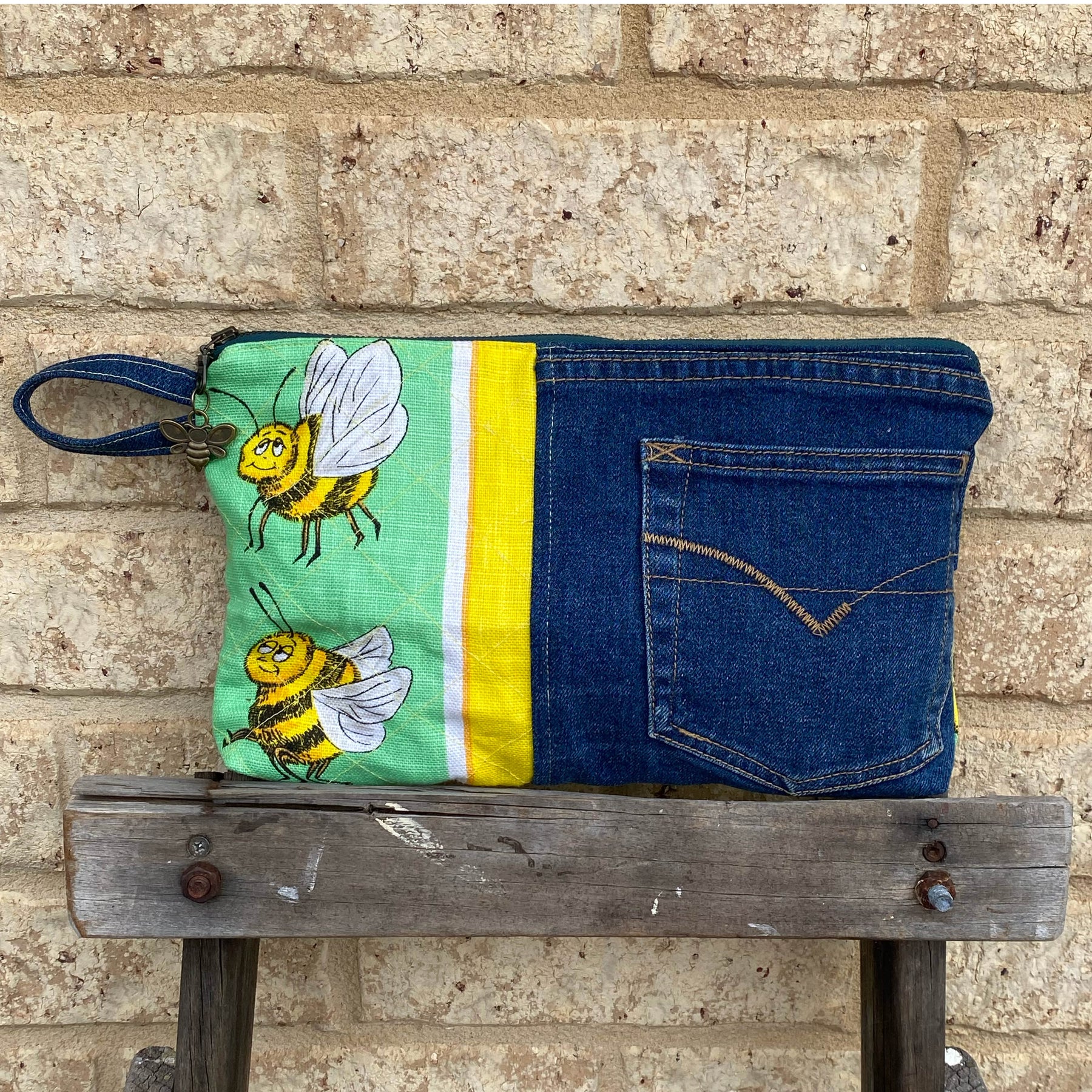 Sweet Sting Pouch Cosmetic Everyday Bag Upcycled Vintage Fabrics & Denim