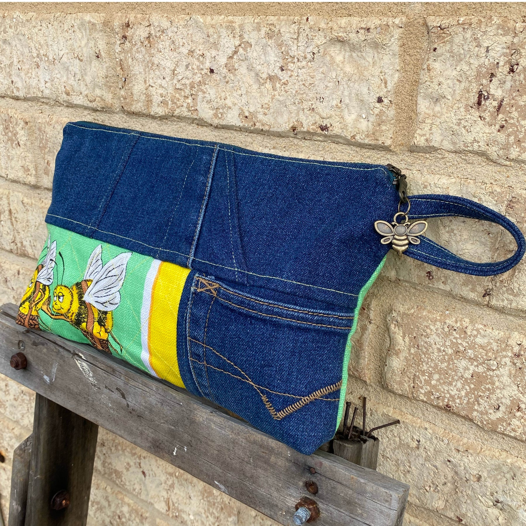 Sweet Sting Pouch Cosmetic Everyday Bag Upcycled Vintage Fabrics & Denim