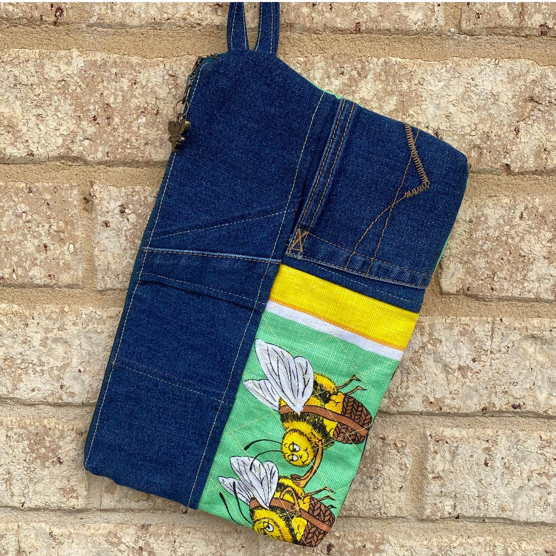 Sweet Sting Pouch Cosmetic Everyday Bag Upcycled Vintage Fabrics & Denim