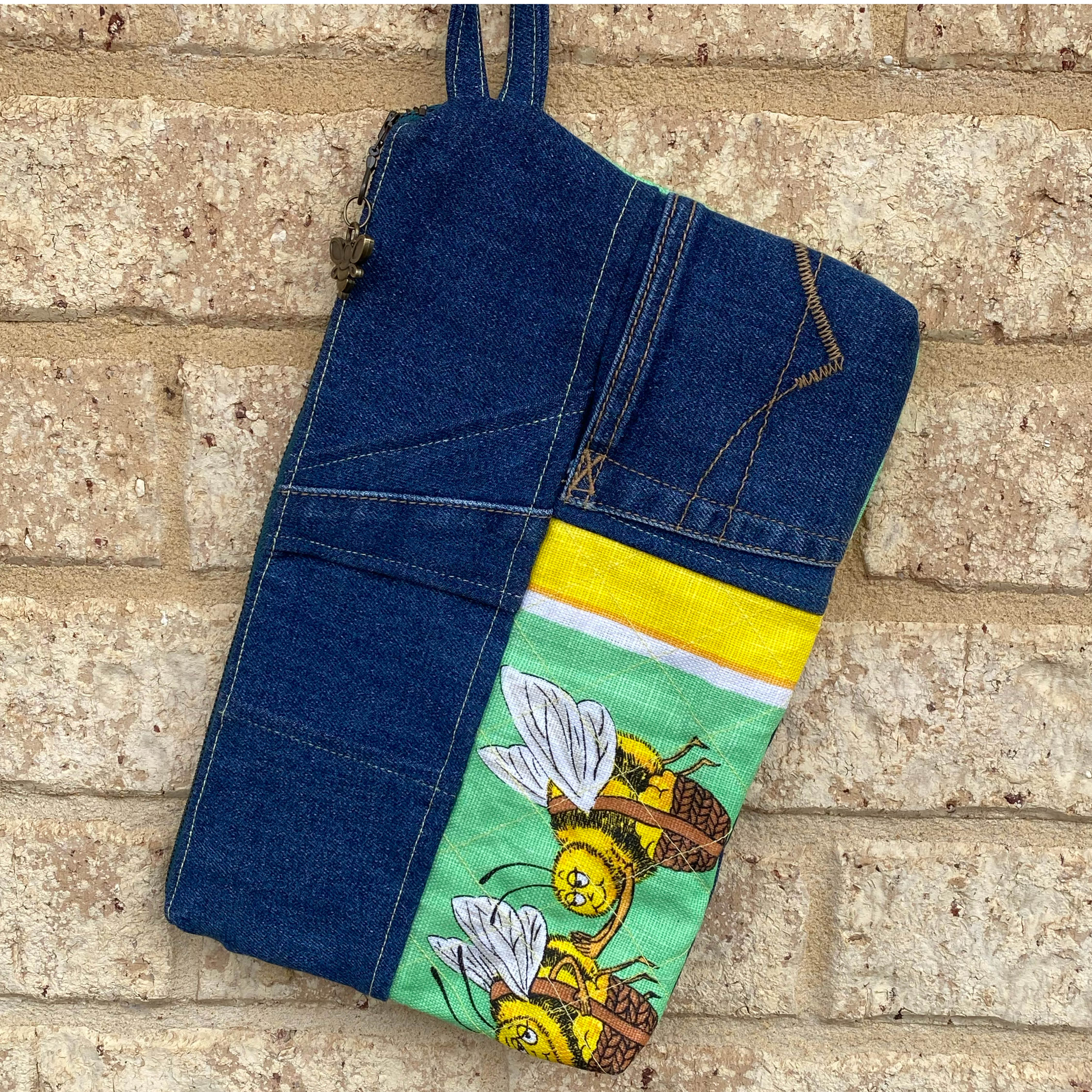 Sweet Sting Pouch Cosmetic Everyday Bag Upcycled Vintage Fabrics & Denim
