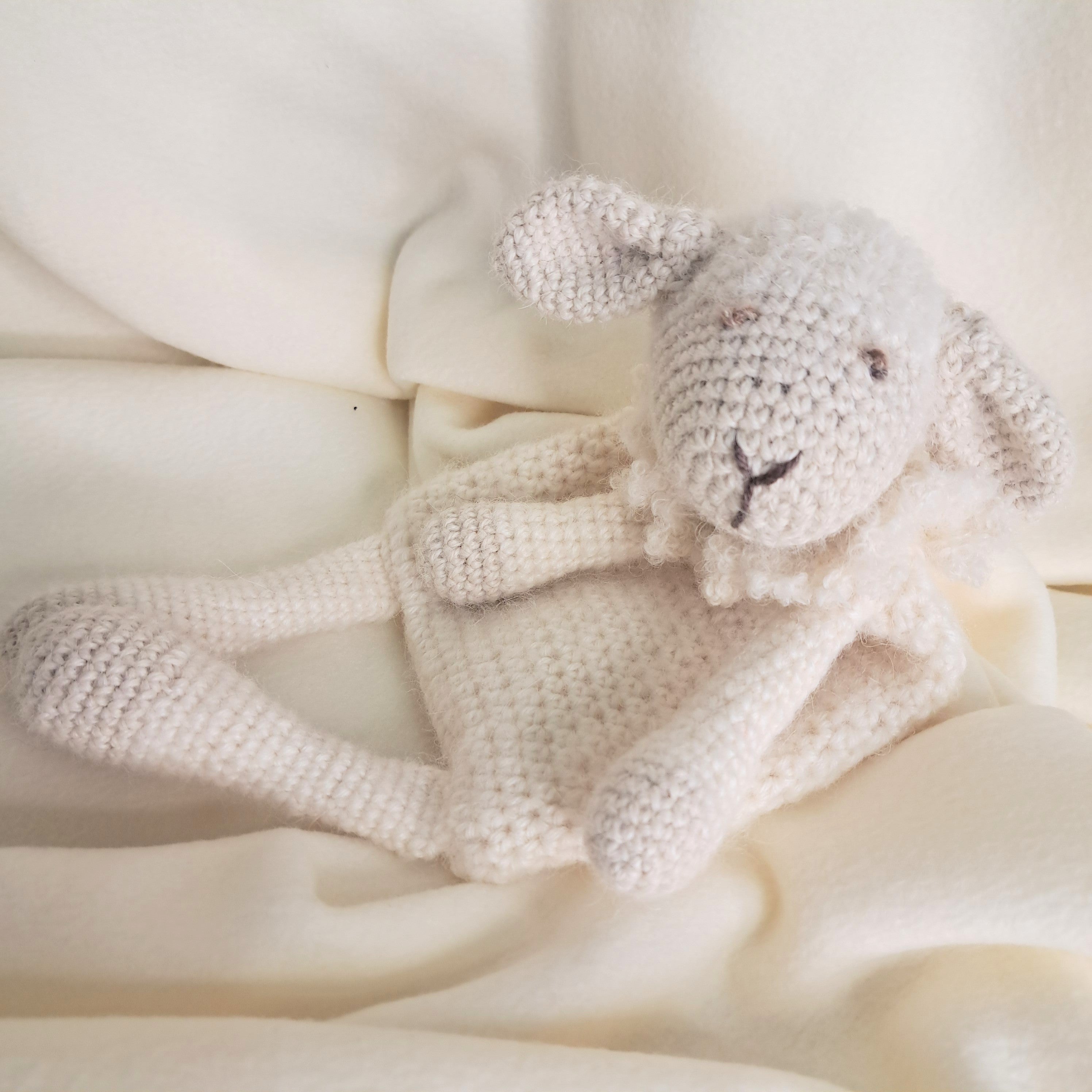 Handmade crochet sheep snuggler, Australian wool, alpaca, silk