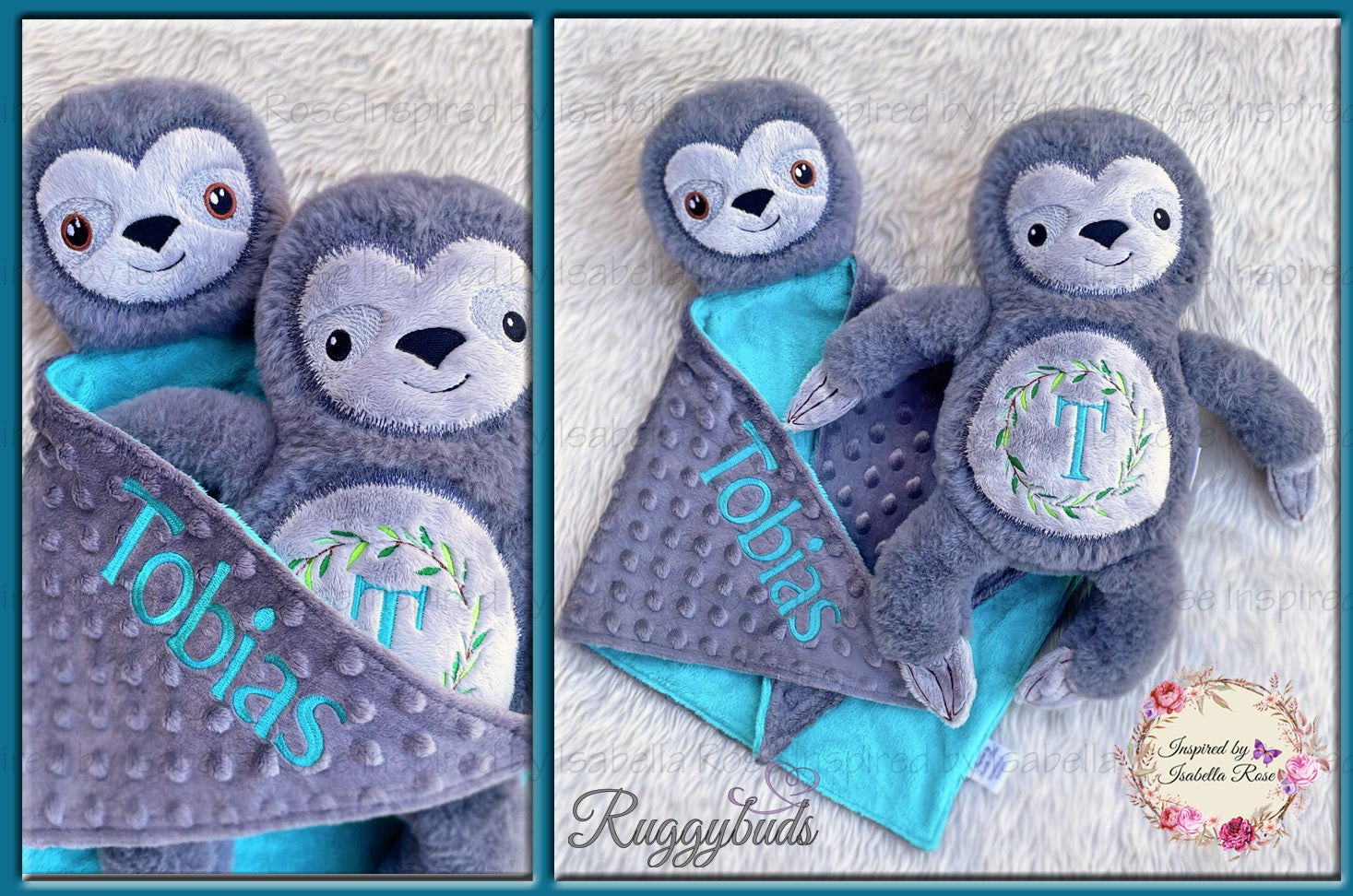 Baby comforter, Embroidered name, Sloth themed Ruggybud, Made to order