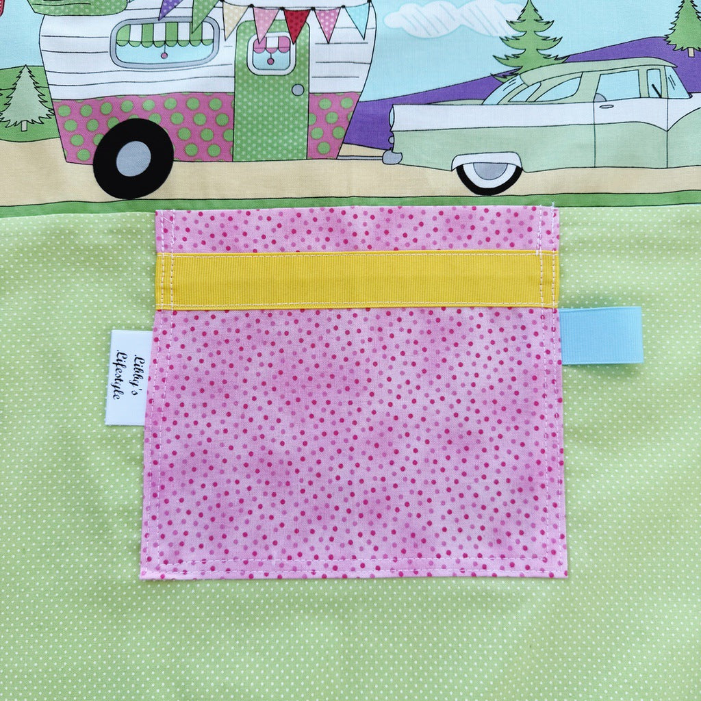 Retro caravan pinafore ladies apron with pocket.