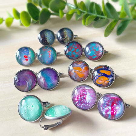 20mm Original Hand-Painted Stainless Steel & Fluid Art Clip-On Earrings