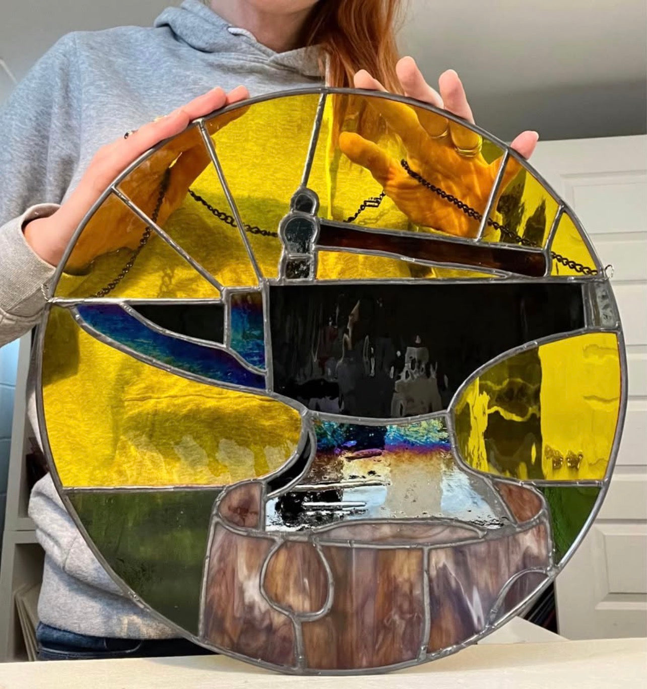 Stained glass blacksmiths anvil panel