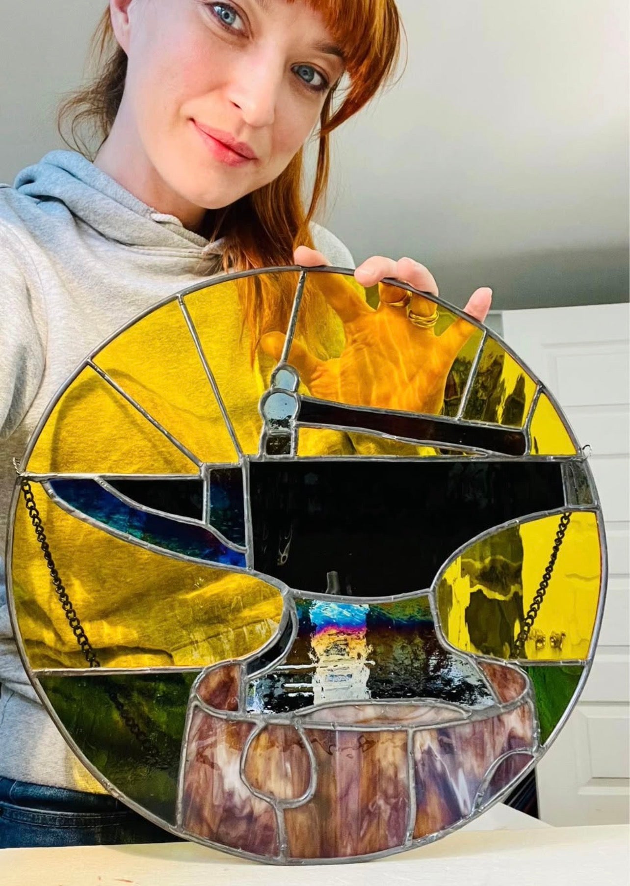 Stained glass blacksmiths anvil panel