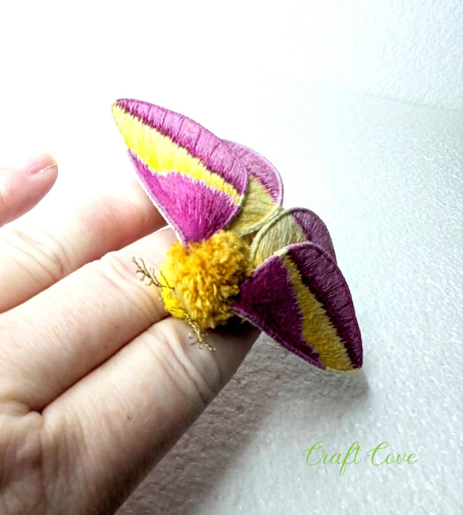 Rosy Maple Moth Hand-Embroidered Brooch – Stumpwork Textile Art